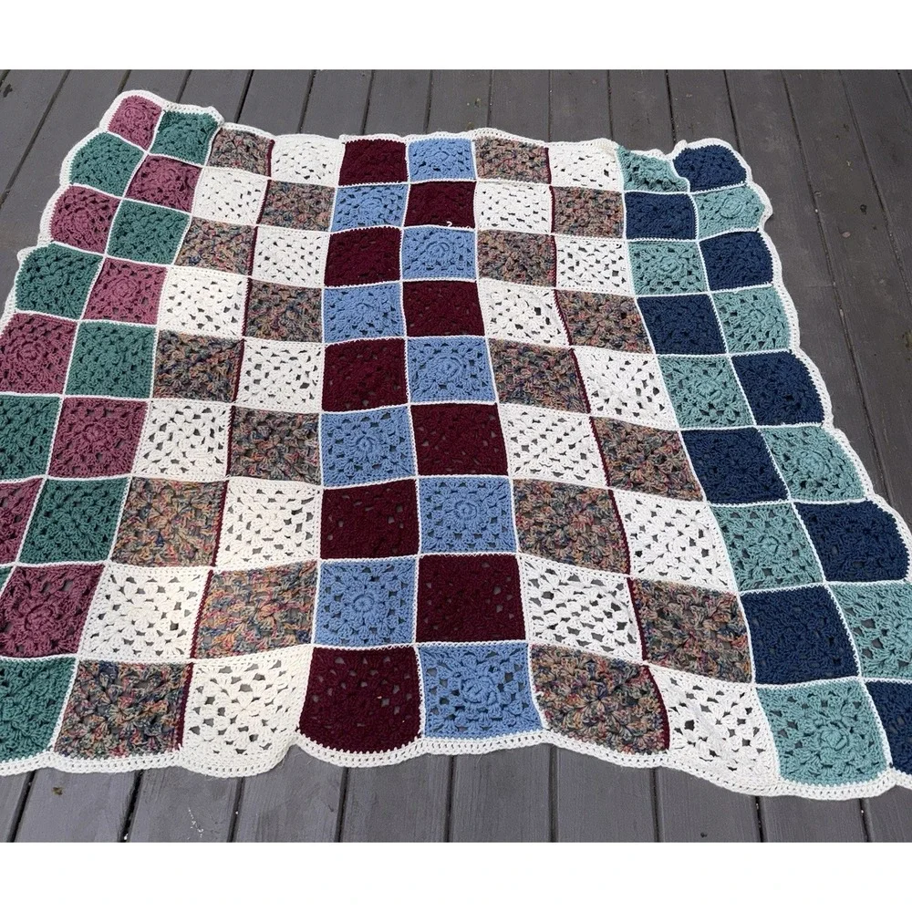 Vintage Handmade Crochet Granny Square Afghan Blanket 60x60 Scalloped Edge